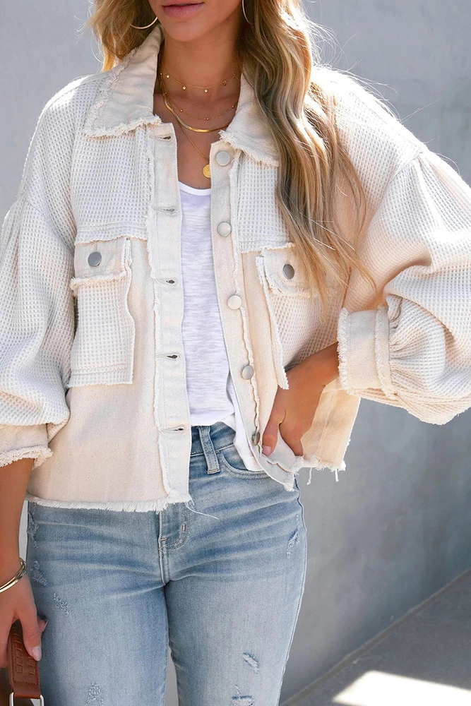 Plain Waffle Knit Button Up Crop Shacket