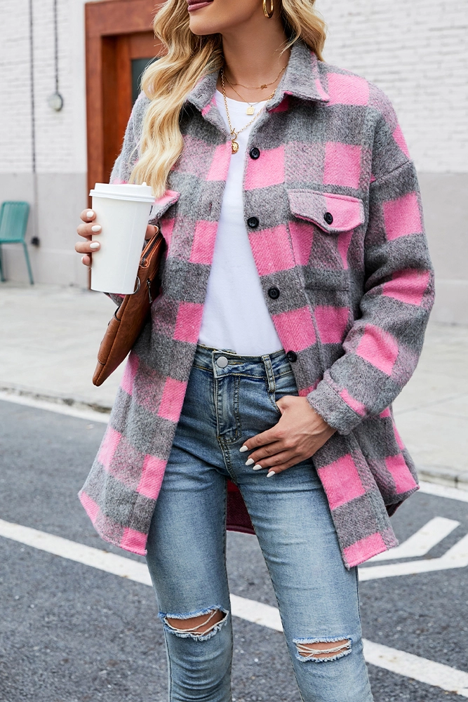 Single-Breasted Long Plaid Tweed Coat with Pockets