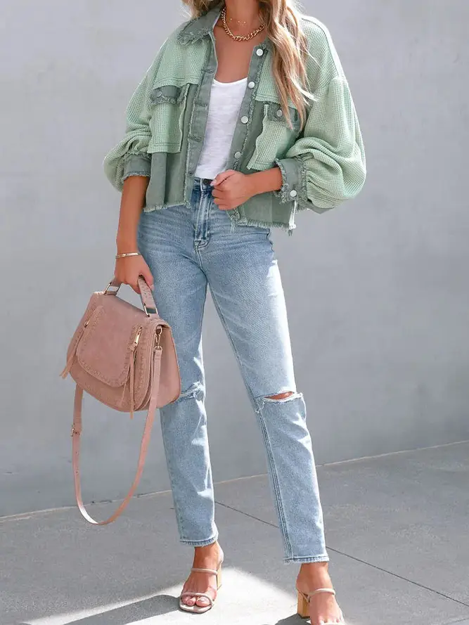 Plain Waffle Knit Button Up Crop Shacket