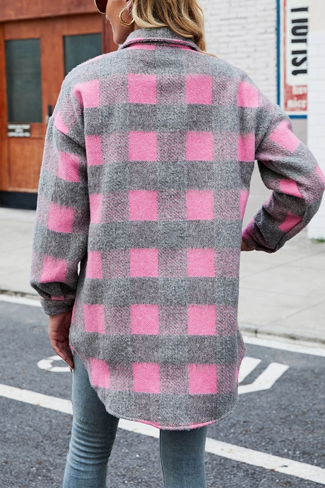 Single-Breasted Long Plaid Tweed Coat with Pockets