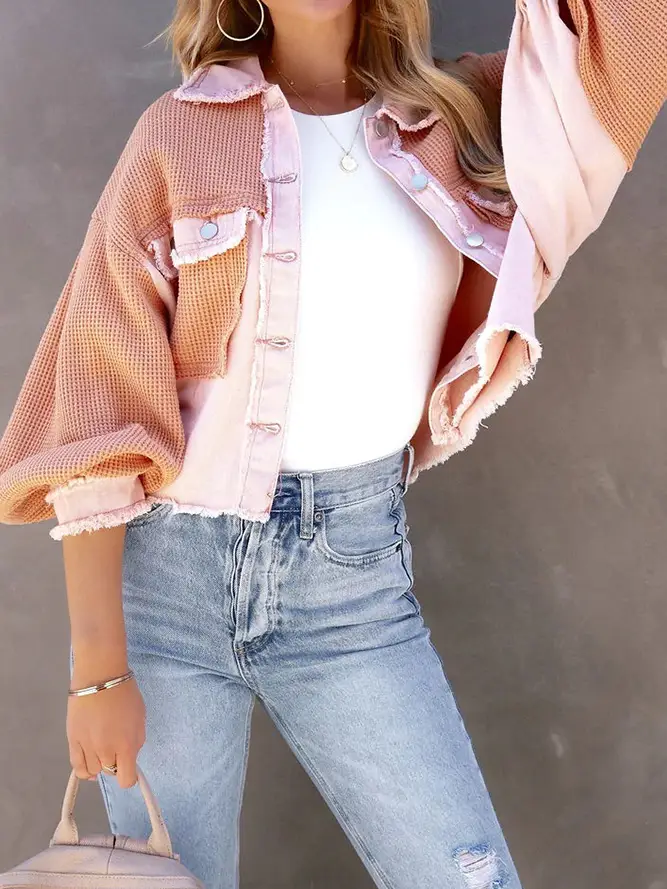 Plain Waffle Knit Button Up Crop Shacket