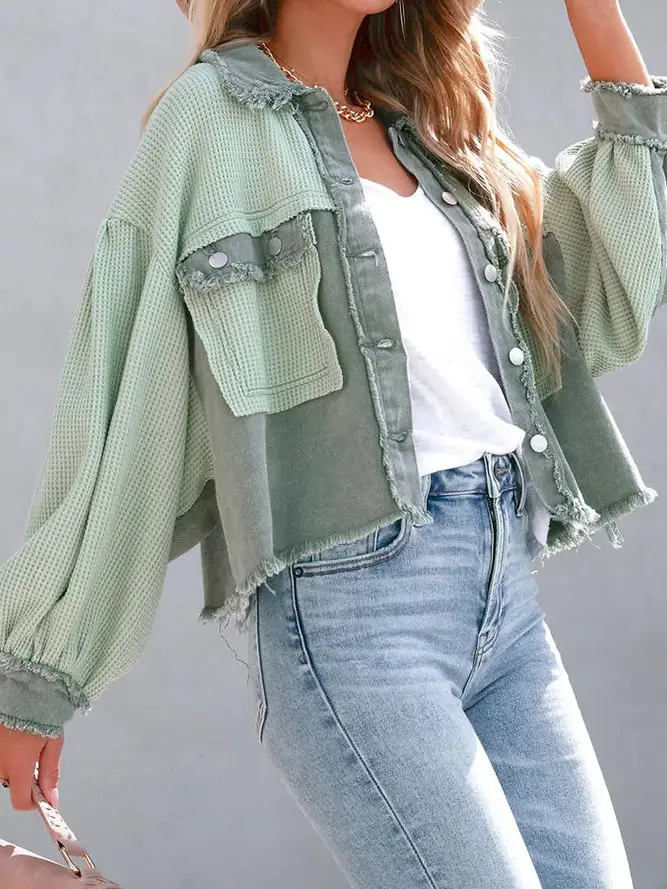 Plain Waffle Knit Button Up Crop Shacket